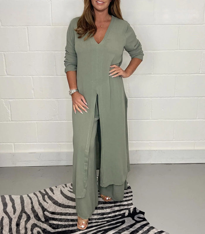 Women's V-Neck Tunic Top with Wide-Leg Pants Set