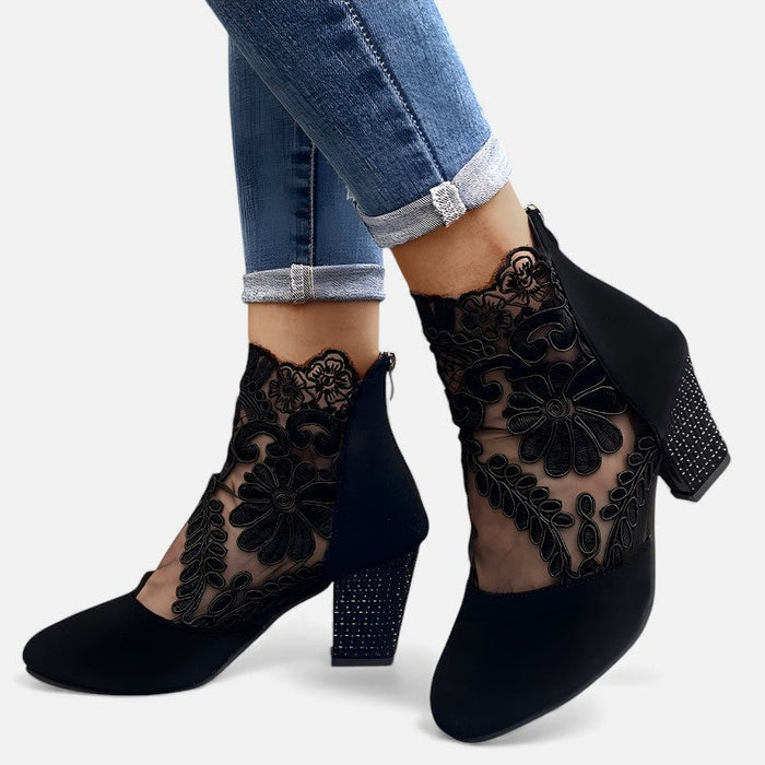 Women's Lace Ankle Boots with Block Heel and Mesh Detail