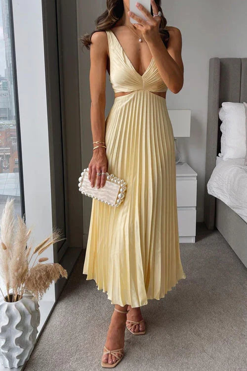 Women's Pleated Maxi Dress Cut-Out Waist Sleeveless