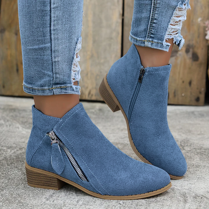 Women's Ankle Boots with Side Zipper and Block Heel