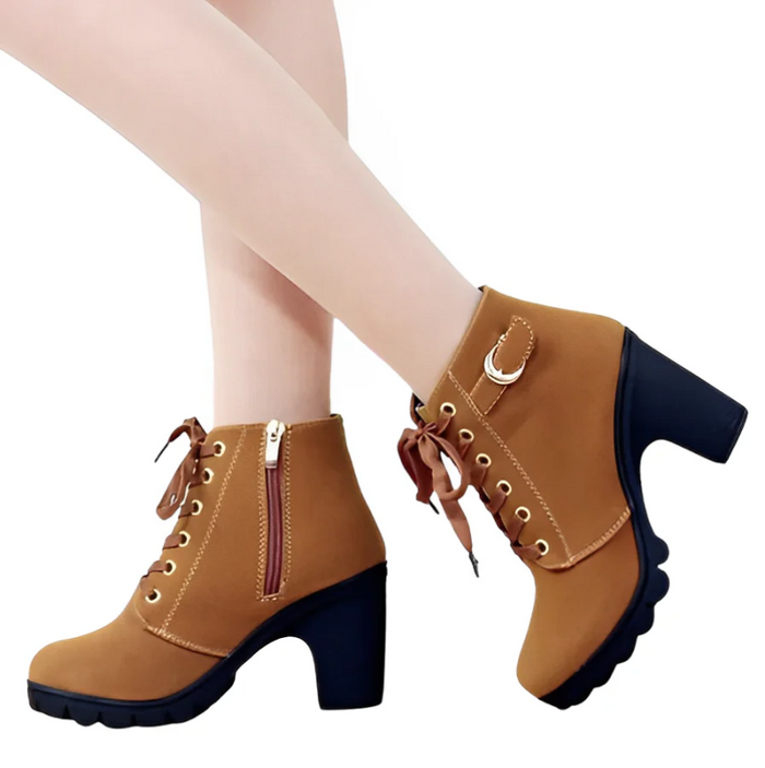 Women's Lace-Up Ankle Boots with Heel and Thick Sole