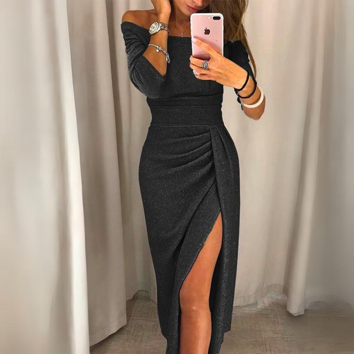 Women's Off-Shoulder Glitter Maxi Dress with Wrap Slit