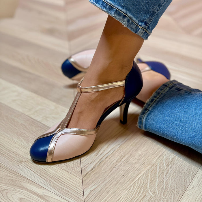 Women's Colorblock Round-Toe T-Strap Heels