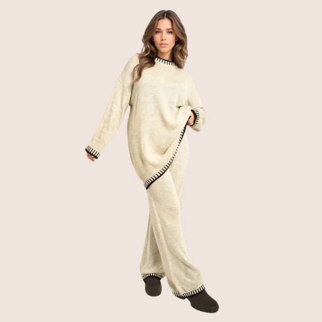 Women's Knit Loungewear Set with Contrast Trim Detail