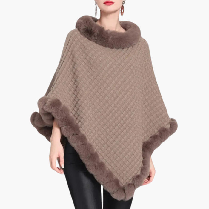 Women's Textured Poncho with Faux Fur Trim