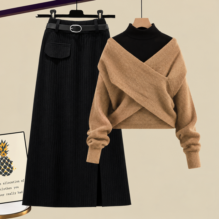 Women's Two-Piece Set Pleated Skirt Colorblock Top