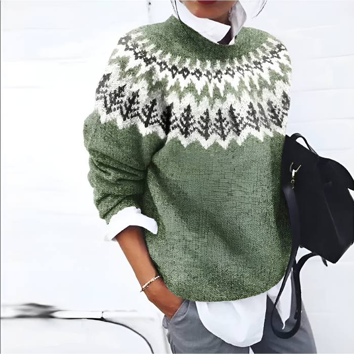 Women's Daisy Print Crew Neck Sweater with Ribbed Hem