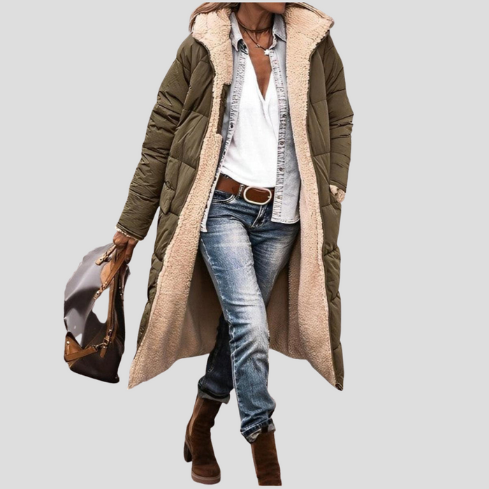 Women's Hooded Reversible Long Coat with Teddy Lining