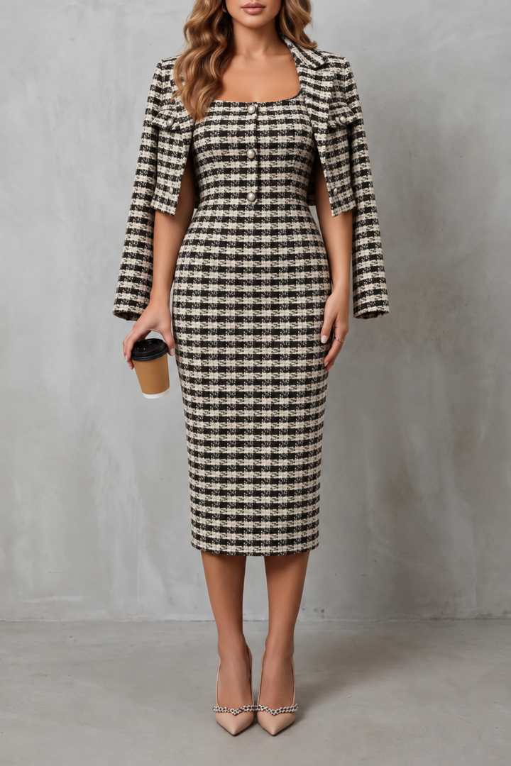Bellaisie | Plaid Cropped Blazer &amp; Fitted Midi Dress Two-Piece Set