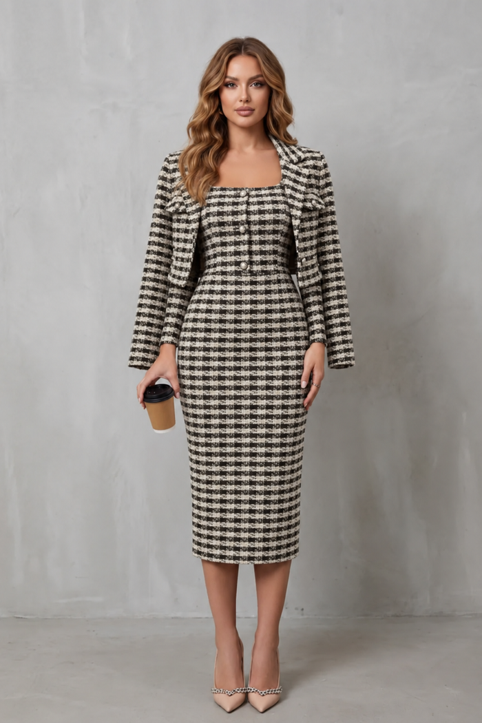 Bellaisie | Plaid Cropped Blazer & Fitted Midi Dress Two-Piece Set