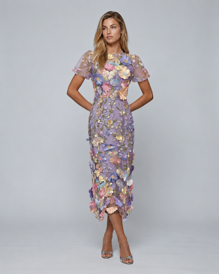 Bernice | V Neck Floral Embroidered Midi Dress