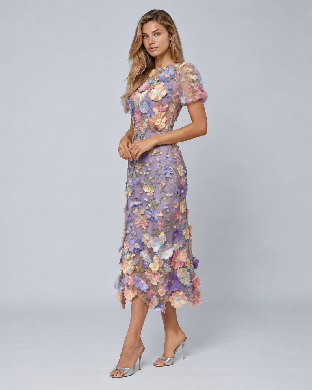 Bernice | V Neck Floral Embroidered Midi Dress