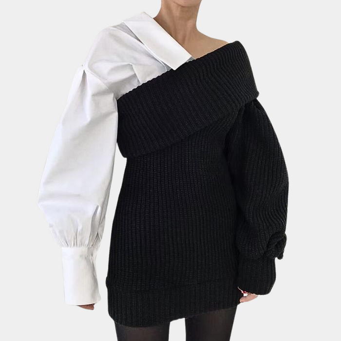 Women's Off-Shoulder Knit Dress with Contrasting Sleeves