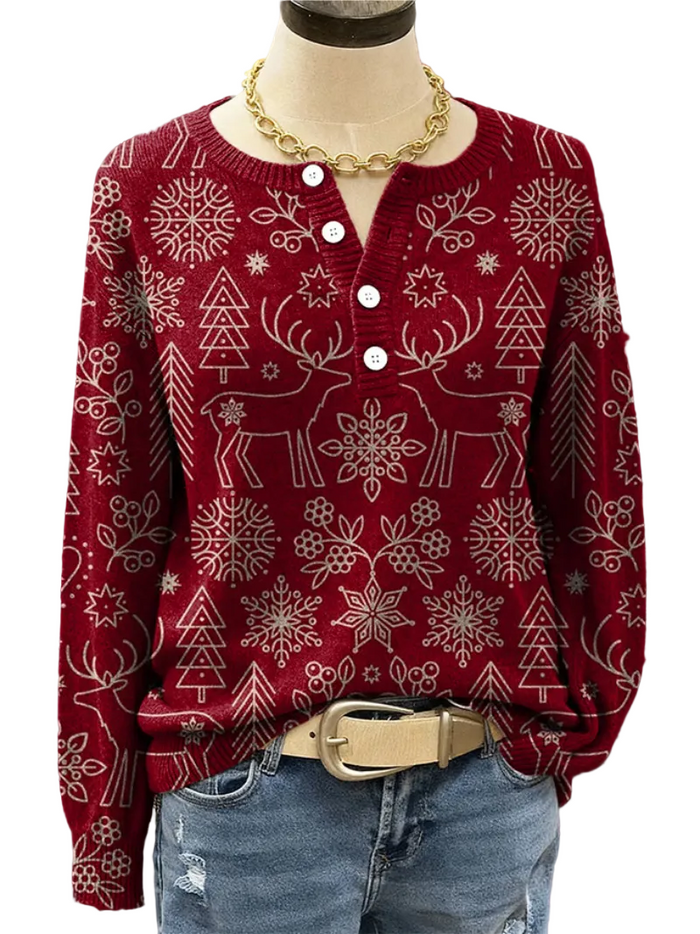 Women's Holiday Sweater with Reindeer and Snowflake Pattern