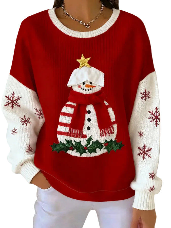 Women's Christmas Sweater with Snowman Design and Snowflakes