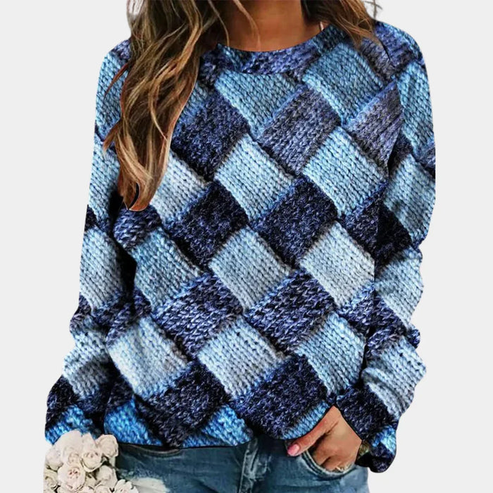 Women's Checkered Crew Neck Sweater Relaxed Fit