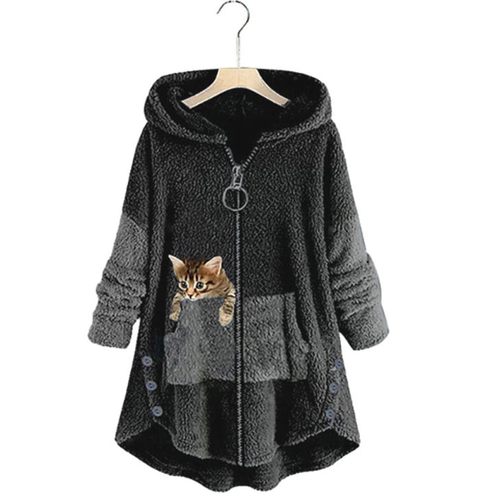 Women's Hooded Teddy Coat with Cat Embroidery and Ring Zip