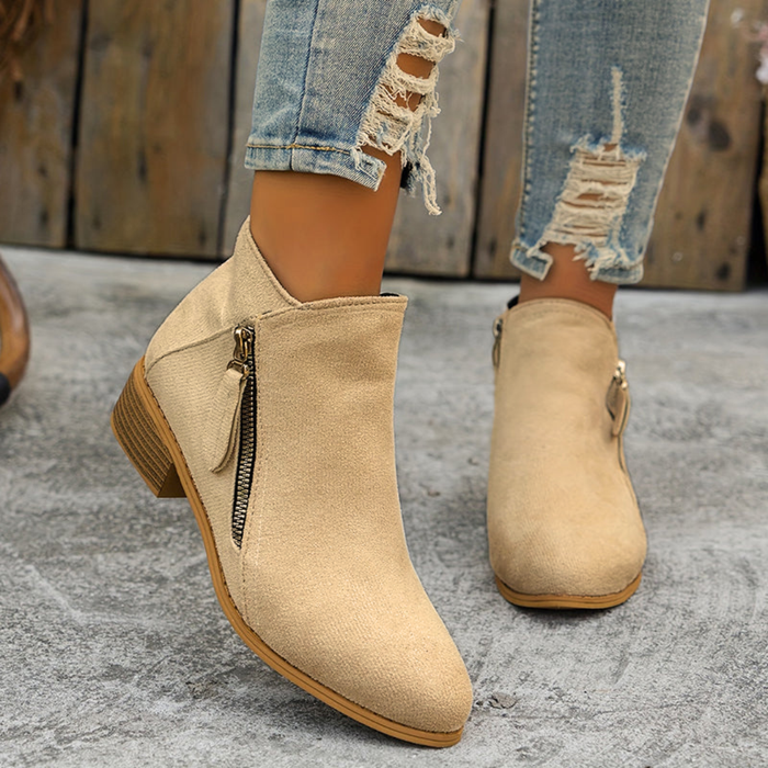 Women's Ankle Boots with Side Zipper and Block Heel