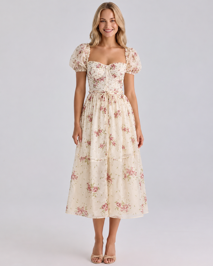 Finley | Midi Dress with Floral Print and Puff Sleeves