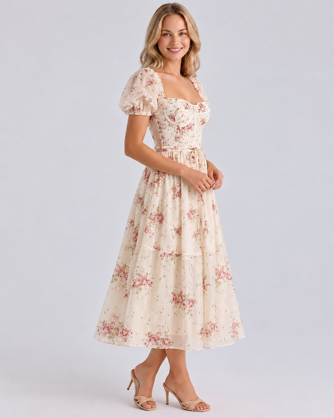 Finley | Midi Dress with Floral Print and Puff Sleeves