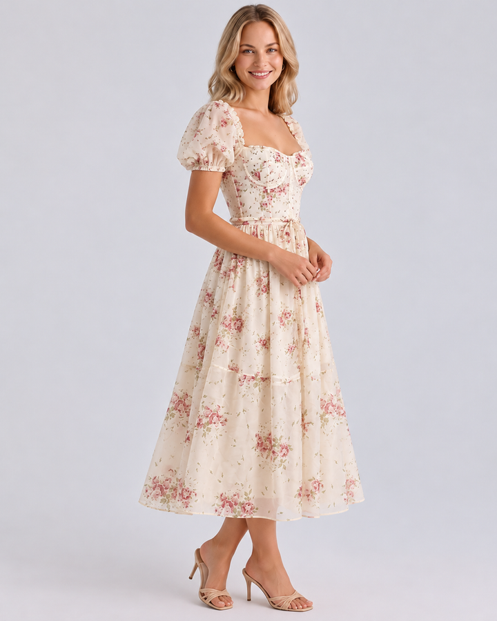 Finley | Midi Dress with Floral Print and Puff Sleeves