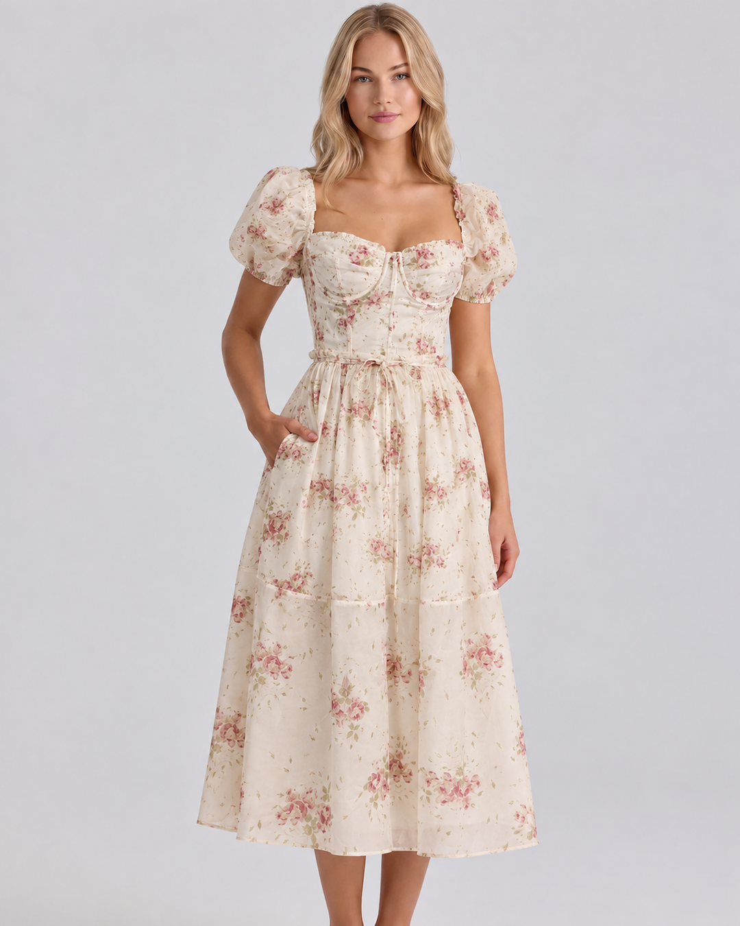 Finley | Midi Dress with Floral Print and Puff Sleeves