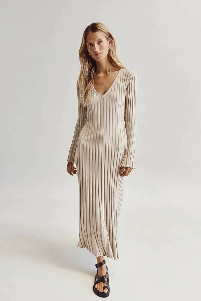 Women's Ribbed V-Neck Maxi Dress Long Sleeve