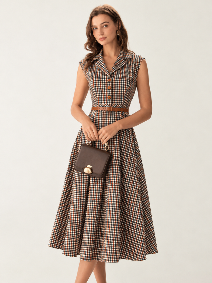 Harriet | Plaid Button Pleated Midi Dress