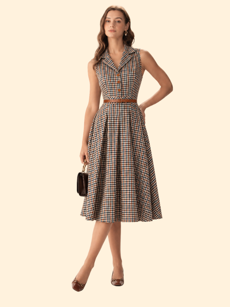 Harriet | Plaid Button Pleated Midi Dress