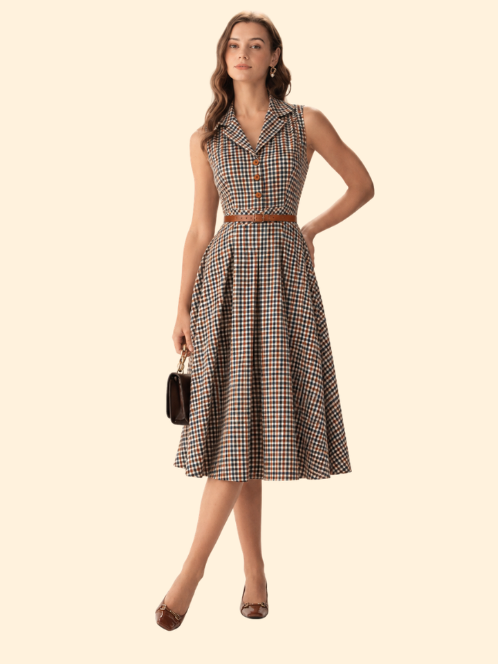 Harriet | Plaid Button Pleated Midi Dress