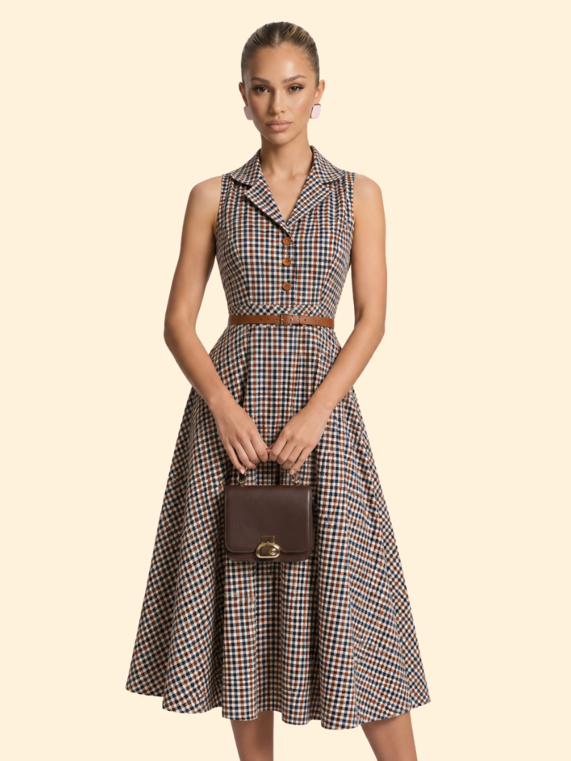 Harriet | Plaid Button Pleated Midi Dress