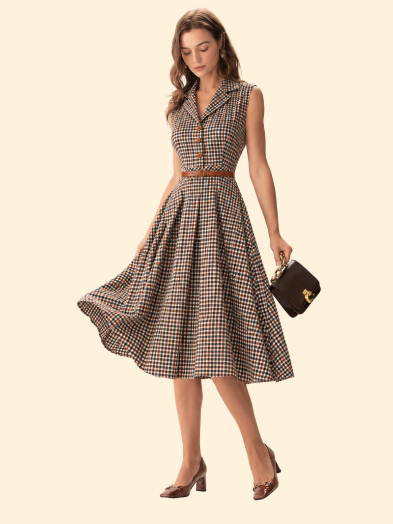 Harriet | Plaid Button Pleated Midi Dress