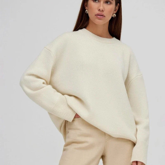 Women's Crew Neck Sweater with Ribbed Cuffs