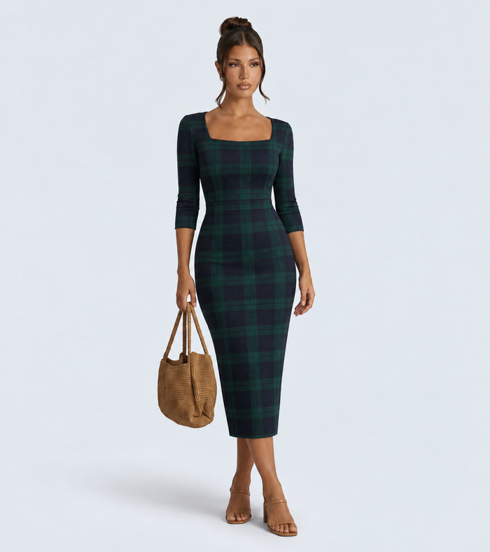 Jerry | Check Knit Maxi Dress with Belted Waist