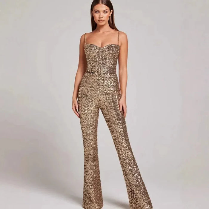 Women's Sequin Belted Jumpsuit with Sweetheart Neckline