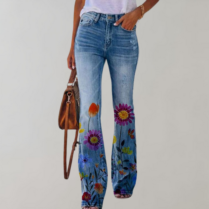 Women's Floral Flare Jeans High-Rise Embroidered Leg