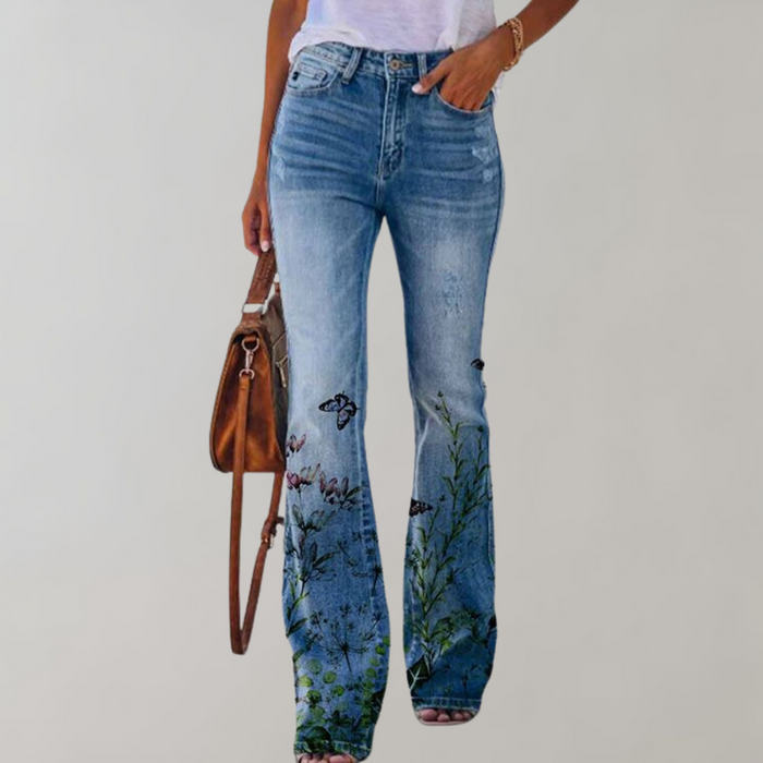 Women's Floral Flare Jeans High-Rise Embroidered Leg