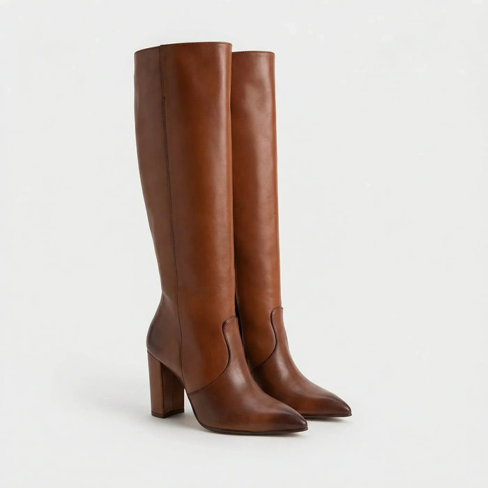 Women's Knee-High Boots with Block Heel and Pointed Toe