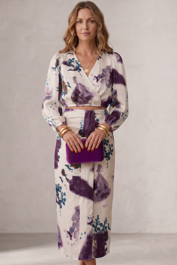 Liv | Watercolor Floral Wrap Blouse & Maxi Skirt Set