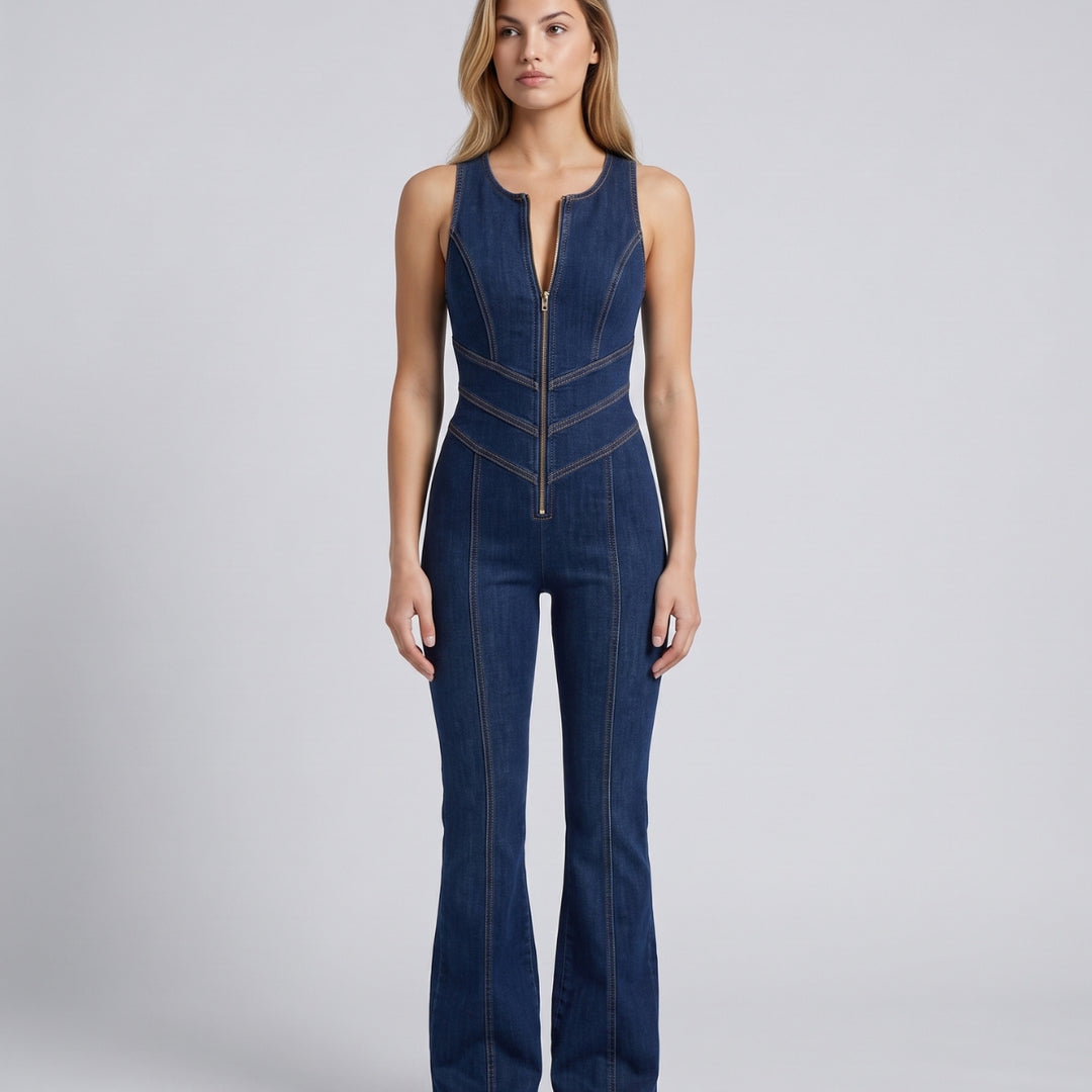 Madeline | Flare Leg Zip-Front Denim Jumpsuit