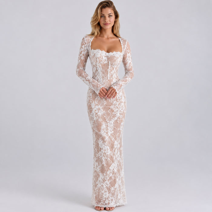 Marla | Maxi Dress with Lace Overlay and Long Sleeves