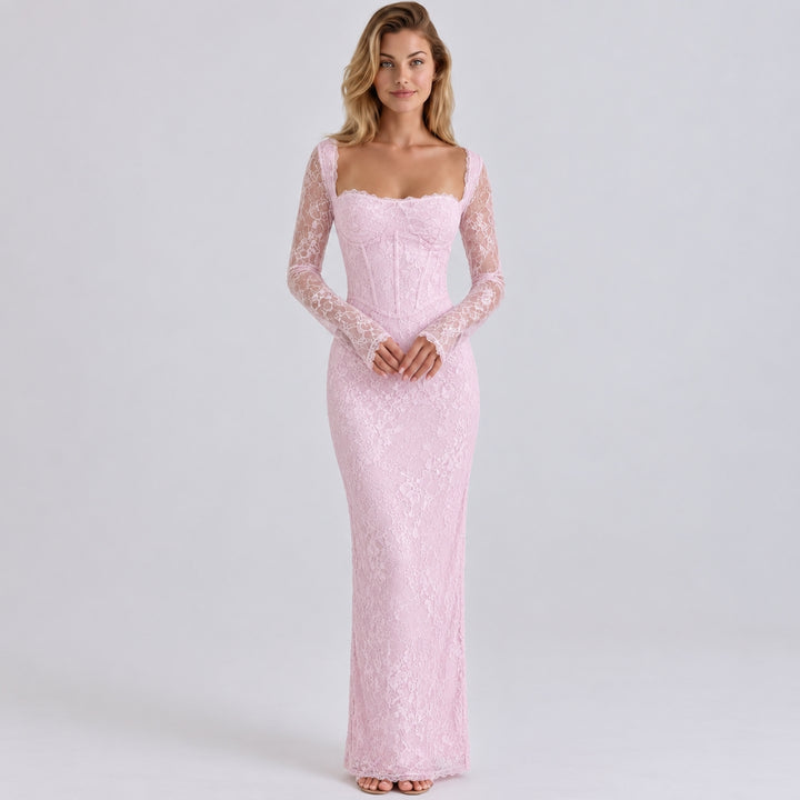 Marla | Maxi Dress with Lace Overlay and Long Sleeves