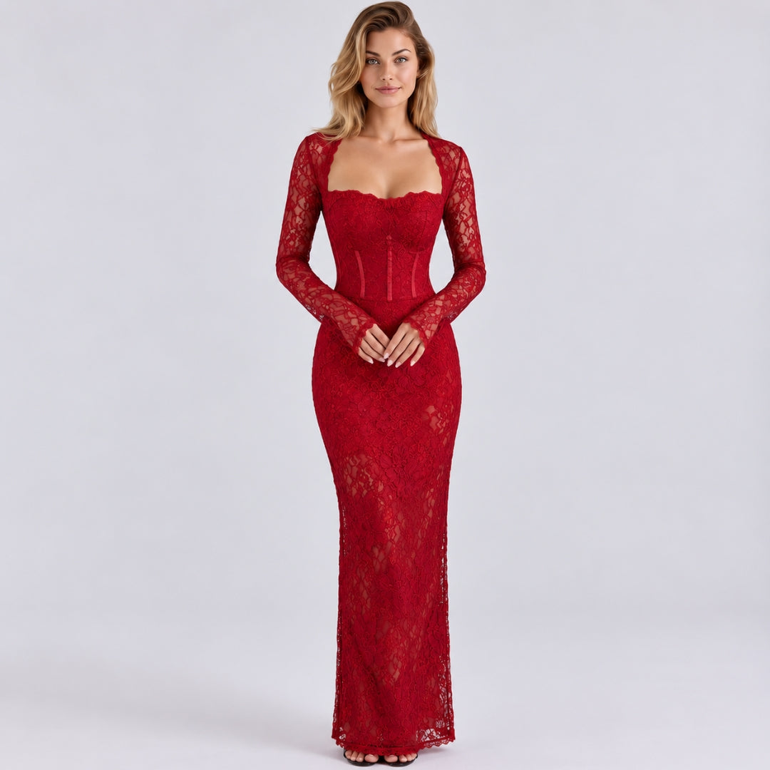 Marla | Maxi Dress with Lace Overlay and Long Sleeves