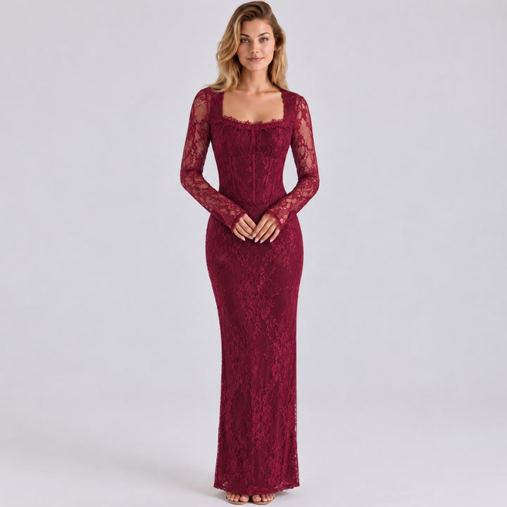 Marla | Maxi Dress with Lace Overlay and Long Sleeves
