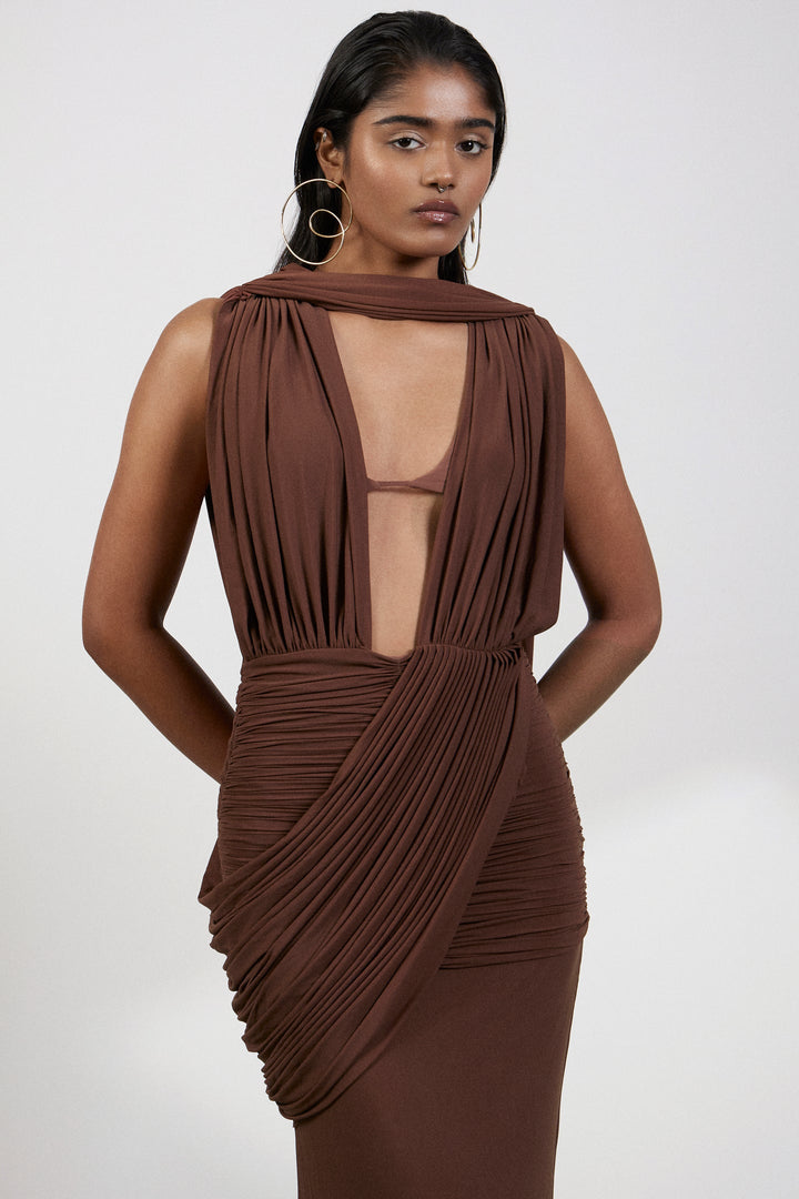 Marlowe | One-Shoulder Gathered Mesh Midi Dress
