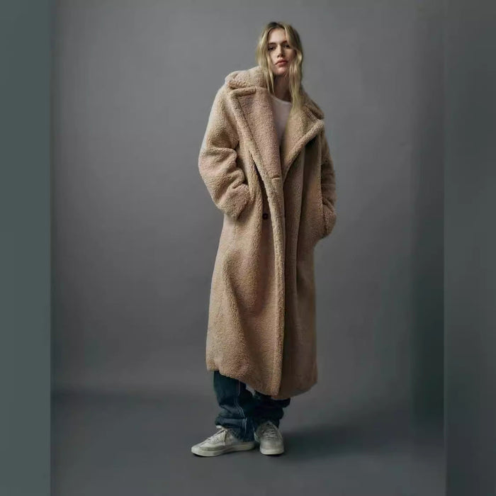 Women's Long Teddy Coat with Stand Collar and Pockets
