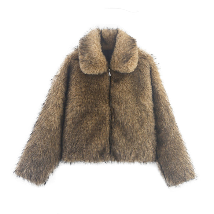 Women's Faux Fur Bomber Jacket with Oversized Collar