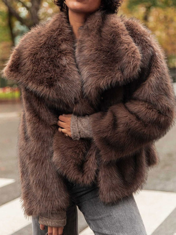 Women's Faux Fur Jacket with Wide Collar and Belted Waist
