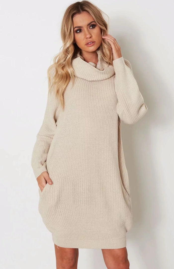 Women's Turtleneck Sweater Dress with Side Pockets