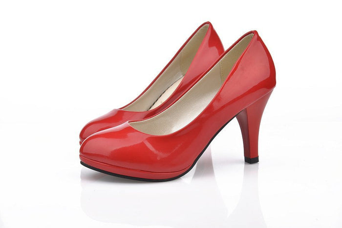 Women's Block Heel Pumps with Rounded Toe and Glossy Finish